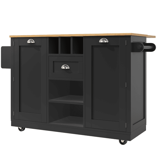 Ilha de cozinha - Mesa de jantar com superfície de trabalho, prateleira para vinhos, com rodas - Preto
