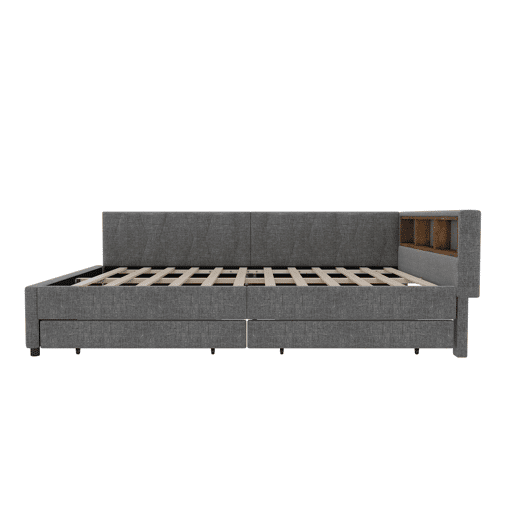 Cama de 140x200 cm - Cama convertível, armazenamento com 2 gavetas, luz LED ambiente, USB+Tipo C, com estrado - Cinza