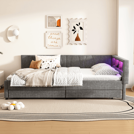 Cama de 140x200 cm - Cama convertível, armazenamento com 2 gavetas, luz LED ambiente, USB+Tipo C, com estrado - Cinza
