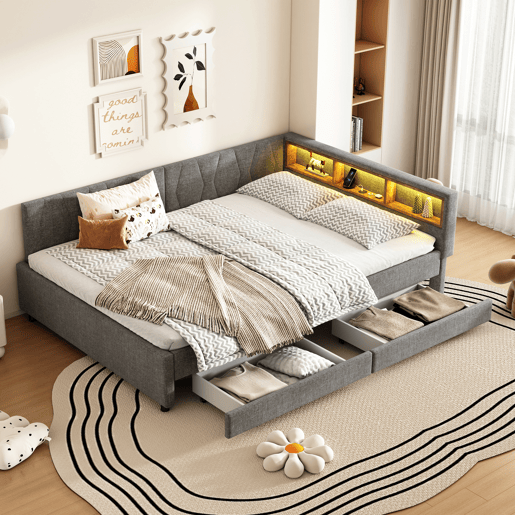 Cama de 140x200 cm - Cama convertível, armazenamento com 2 gavetas, luz LED ambiente, USB+Tipo C, com estrado - Cinza