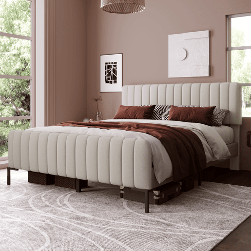 Cama individual estofada 140x200 - com estrado e cabeceira ajustável - Cinza-Bege