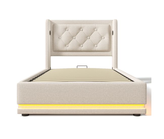 Cama individual tapizada 90*200 cm - con almacenamiento hidráulico, cabecero acolchado, led 3 lados y carga usb tipo-c - beige