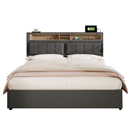 Cama estofada 140x200 cm - com 4 gavetas, USB C, cabeceira ajustável, estrado de madeira - Cinza