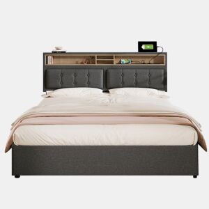 Cama estofada 140x200 cm - com 4 gavetas, USB C, cabeceira ajustável, estrado de madeira - Cinza