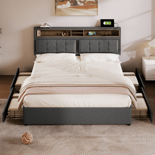 Cama estofada 140x200 cm - com 4 gavetas, USB C, cabeceira ajustável, estrado de madeira - Cinza