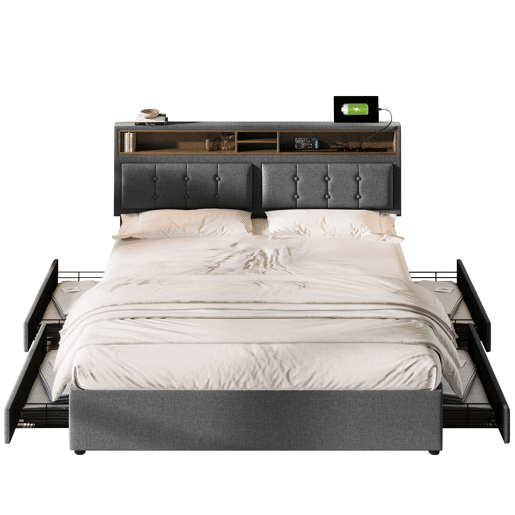 Cama estofada 140x200 cm - com 4 gavetas, USB C, cabeceira ajustável, estrado de madeira - Cinza