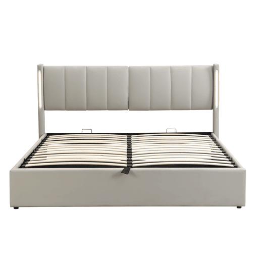Cama estofada LED 140x190 cm - hidráulica, porta USB, arrumação, cabeceira ajustável - cinzenta