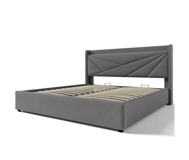 Cama doble tapizada 160x200 - con almacenamiento, usb tipo c y cabecero de lino - beige