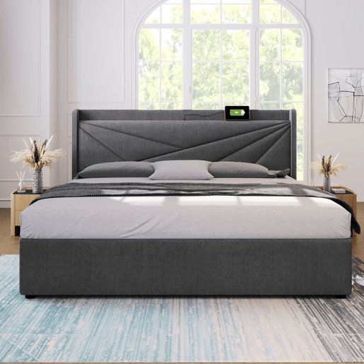 Cama de casal estofada 160x200 - com arrumação, USB tipo C e cabeceira em linho - Bege