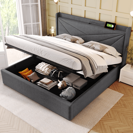 Cama de casal estofada 160x200 - com arrumação, USB tipo C e cabeceira em linho - Bege