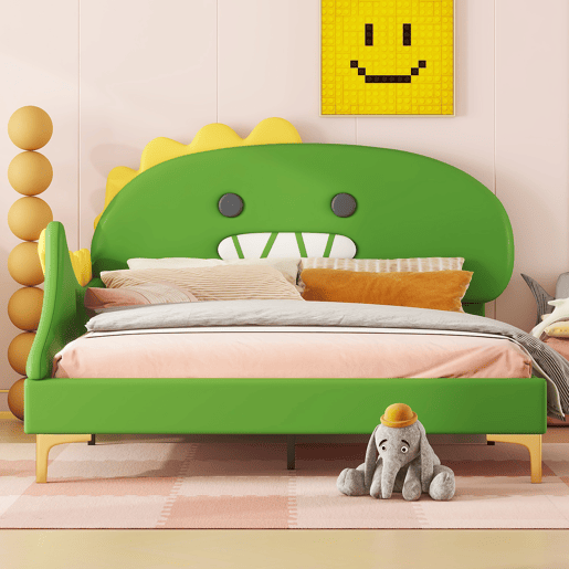 Cama infantil 140x200cm - Forma de dinossauro, cama plana, material PU - Verde