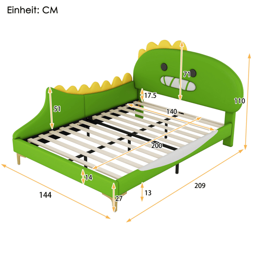 Cama infantil 140x200cm - Forma de dinossauro, cama plana, material PU - Verde