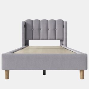 Cama individual 90x200 cm - Com função de carregamento USB Tipo C, cama estofada com estrado, material linho - Cinza