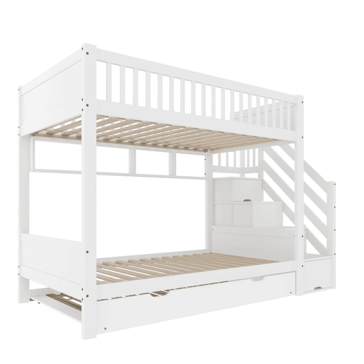 Cama alta 90x200cm - Com cama extraível, prateleira, armário, com arrumação - Branco