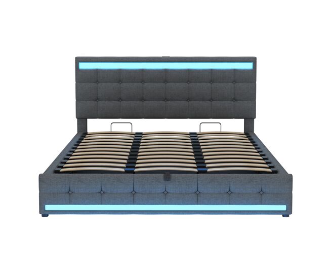 Cama infantil 180*200 - cama con almacenamiento hidráulico, usb y tira led rgb - gris