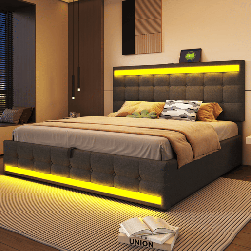 Cama infantil 180*200 - Cama com armazenamento hidráulico, USB e faixa LED RGB - Cinza