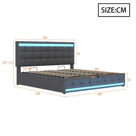 Cama infantil 180*200 - Cama com armazenamento hidráulico, USB e faixa LED RGB - Cinza
