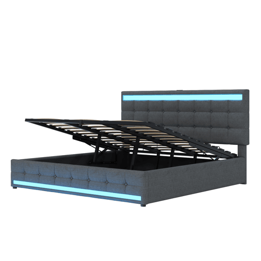 Cama infantil 180*200 - Cama com armazenamento hidráulico, USB e faixa LED RGB - Cinza
