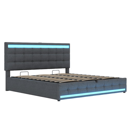 Cama infantil 180*200 - Cama com armazenamento hidráulico, USB e faixa LED RGB - Cinza