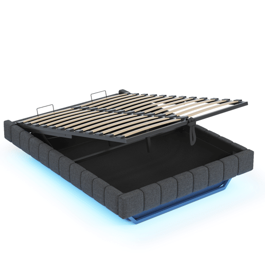 Cama estofada 160x200 cm - Estrutura flutuante hidráulica com arrumação, cama multifuncional sem cabeceira com luzes LED - Cinza