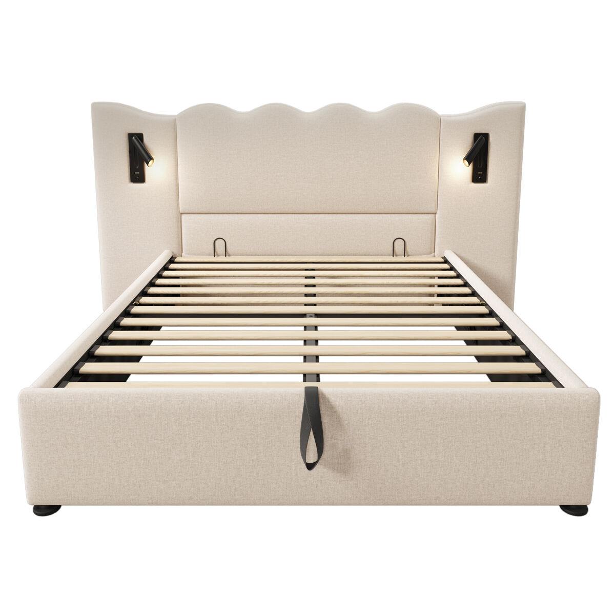 Cama tapizada 160x200 con lámpara de lectura, puerto usb-c y espacio de almacenamiento - beige