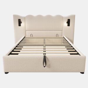 Cama estofada 160x200 com candeeiro de leitura, porta USB-C e espaço de arrumação - Bege