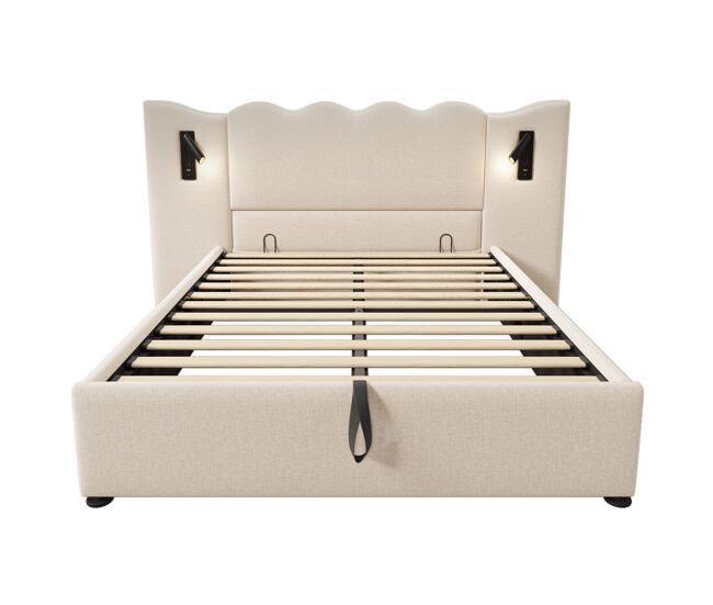 Cama tapizada 160x200 con lámpara de lectura, puerto usb-c y espacio de almacenamiento - beige