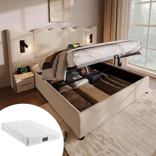 Cama estofada 160x200 com candeeiro de leitura, porta USB-C e espaço de arrumação - Bege