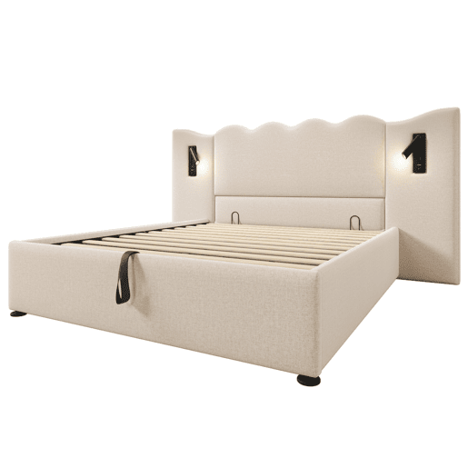 Cama estofada 160x200 com candeeiro de leitura, porta USB-C e espaço de arrumação - Bege