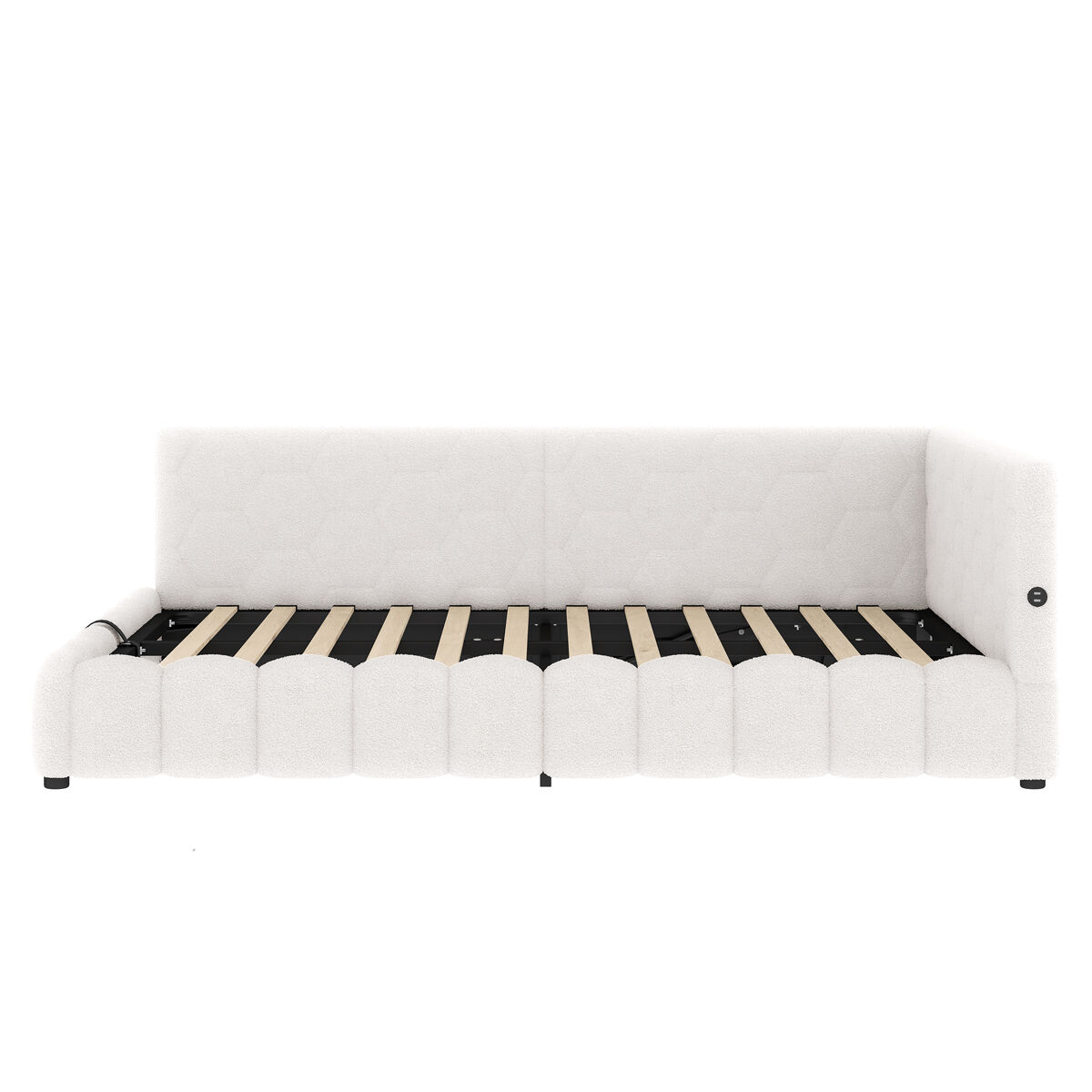 Día cama 140x200 cm - sofá cama, con somier, con luz led, mecanismo hidráulico, usb, tipo-c, material cómodo, imitación de vellón - blanco