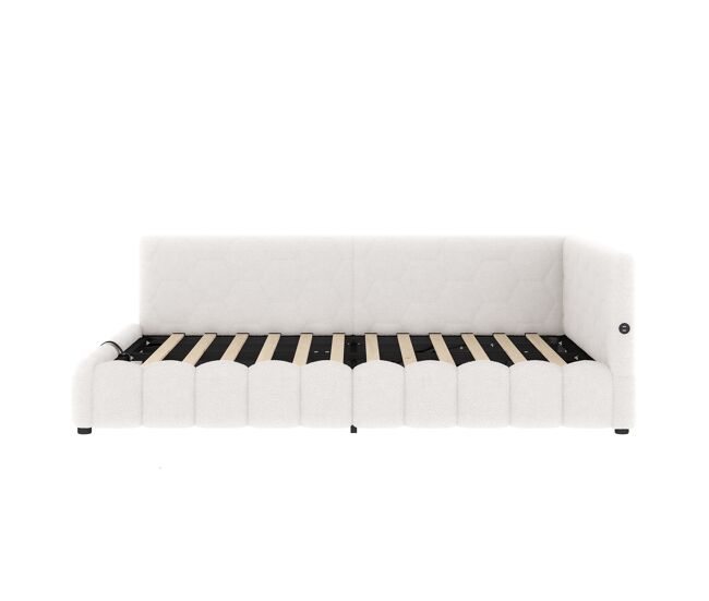 Día cama 140x200 cm - sofá cama, con somier, con luz led, mecanismo hidráulico, usb, tipo-c, material cómodo, imitación de vellón - blanco