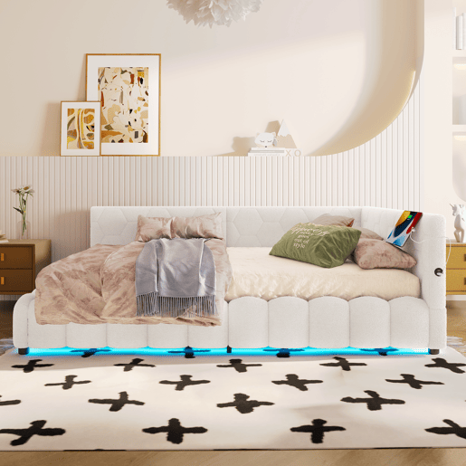 Cama de dia 140x200 cm - Sofá-cama, com estrado, luz LED, mecanismo hidráulico, USB, Tipo-C, material confortável, imitação de velo - Branco