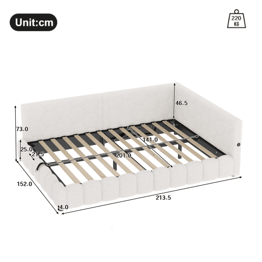 Cama de dia 140x200 cm - Sofá-cama, com estrado, luz LED, mecanismo hidráulico, USB, Tipo-C, material confortável, imitação de velo - Branco