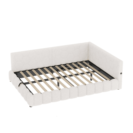 Cama de dia 140x200 cm - Sofá-cama, com estrado, luz LED, mecanismo hidráulico, USB, Tipo-C, material confortável, imitação de velo - Branco