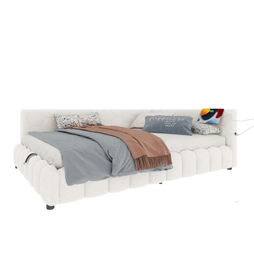 Cama de dia 140x200 cm - Sofá-cama, com estrado, luz LED, mecanismo hidráulico, USB, Tipo-C, material confortável, imitação de velo - Branco
