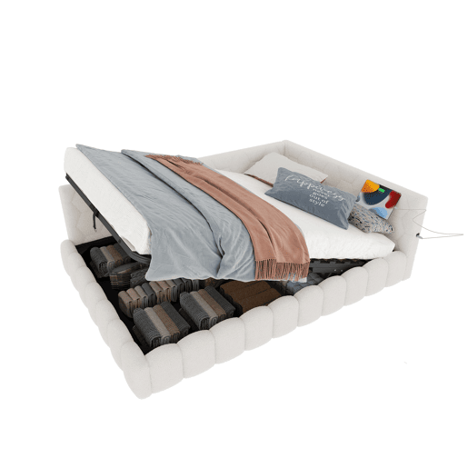 Cama de dia 140x200 cm - Sofá-cama, com estrado, luz LED, mecanismo hidráulico, USB, Tipo-C, material confortável, imitação de velo - Branco