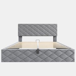 Cama estofada 140x200 - Cama funcional hidráulica com estrado e arrumação - Cinza