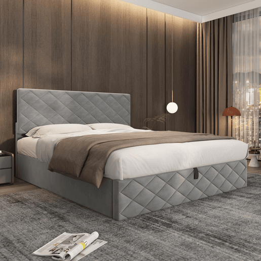 Cama estofada 140x200 - Cama funcional hidráulica com estrado e arrumação - Cinza