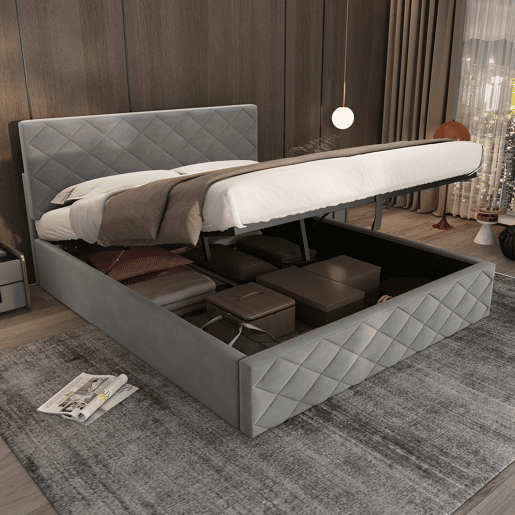 Cama estofada 140x200 - Cama funcional hidráulica com estrado e arrumação - Cinza