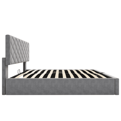 Cama estofada 140x200 - Cama funcional hidráulica com estrado e arrumação - Cinza