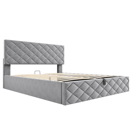 Cama estofada 140x200 - Cama funcional hidráulica com estrado e arrumação - Cinza