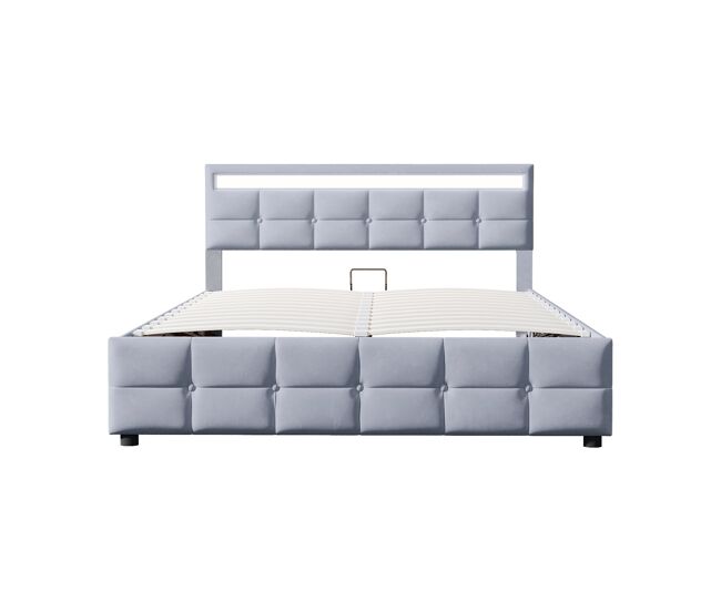 Cama tapizada 180x200 cm - led, somier, cama hidráulica, tela de terciopelo holandés - gris