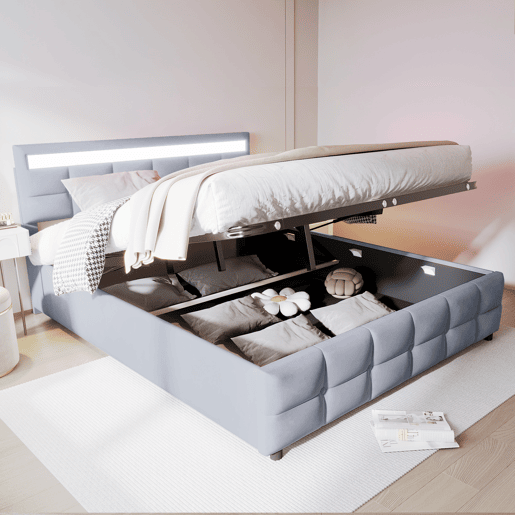 Cama estofada 180x200 cm - LED, base, cama hidráulica, tecido de veludo holandês - Cinza