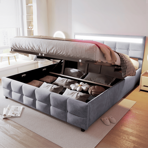 Cama estofada 180x200 cm - LED, base, cama hidráulica, tecido de veludo holandês - Cinza