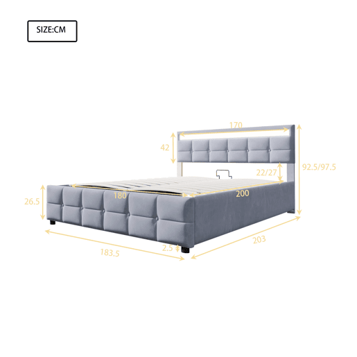 Cama estofada 180x200 cm - LED, base, cama hidráulica, tecido de veludo holandês - Cinza