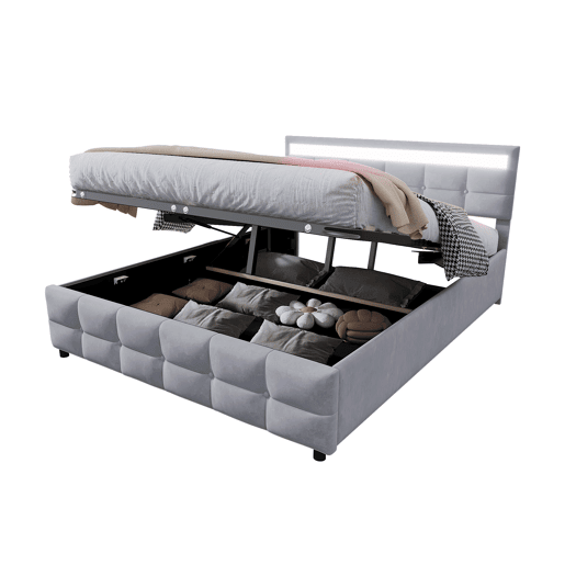Cama estofada 180x200 cm - LED, base, cama hidráulica, tecido de veludo holandês - Cinza