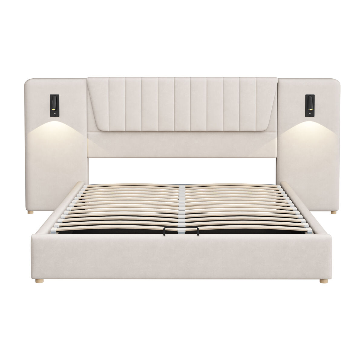 Cama tapizada 180x200 cm - con respaldo extra largo, lámpara de lectura ajustable, puerto usb, cama con almacenamiento hidráulico - beige