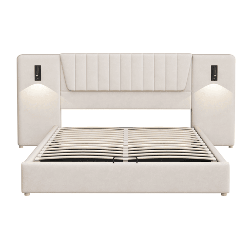Cama estofada 180x200 cm - Com encosto extra longo, candeeiro de leitura regulável, porta USB, cama com arrumação hidráulica - Bege