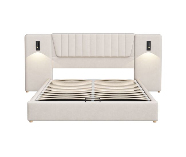 Cama tapizada 180x200 cm - con respaldo extra largo, lámpara de lectura ajustable, puerto usb, cama con almacenamiento hidráulico - beige