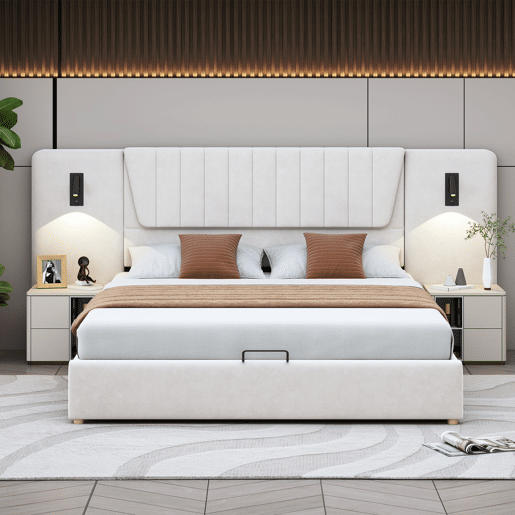 Cama estofada 180x200 cm - Com encosto extra longo, candeeiro de leitura regulável, porta USB, cama com arrumação hidráulica - Bege